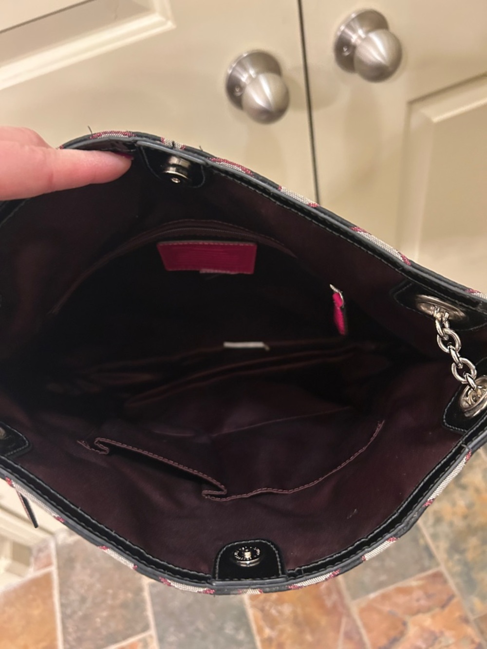Coach Gray and Black Signature Canvas Shoulder Bag with Pink Accent - Picture 3 of 3
